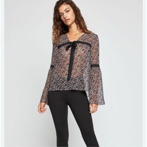 BCBGeneration sheer floral v-neck blouse black ribbon ties bell sleeves size L